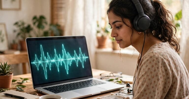 Indian woman wearing headphones listening to Hindi text to speech on a laptop at her desk