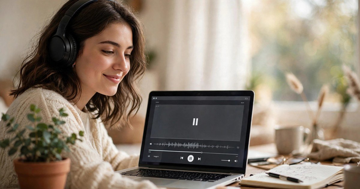 Spanish woman wearing headphones listening to Spanish text to speech on a laptop at her desk