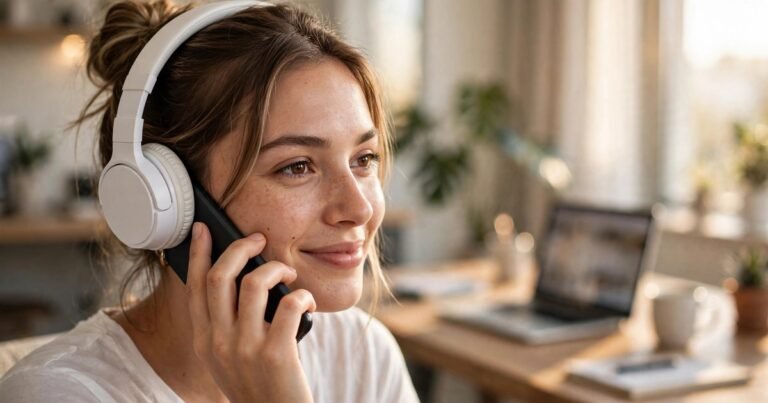 Indian woman wearing headphones listening to Hindi text to speech on a laptop at her desk