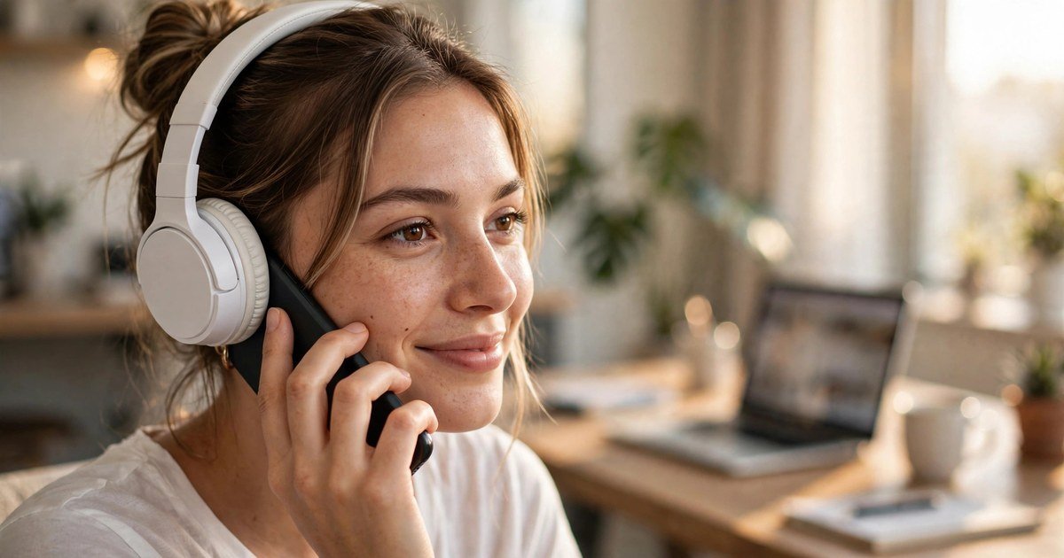Indian woman wearing headphones listening to Hindi text to speech on a laptop at her desk