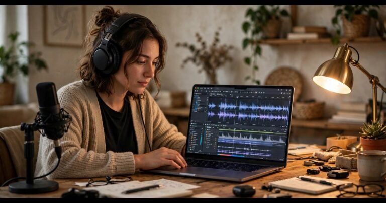 Content creator wearing headphones at a home desk, laptop showing an audio waveform, making an AI voiceover