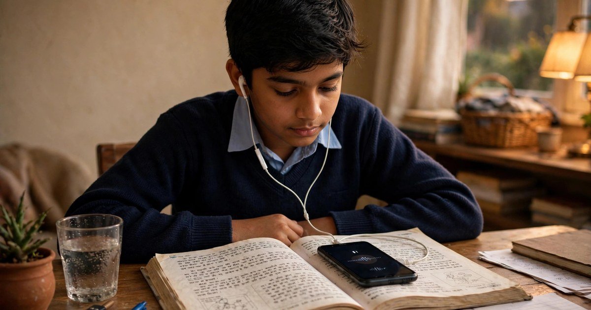 Indian student listening to Hindi text to speech on a smartphone while studying at home