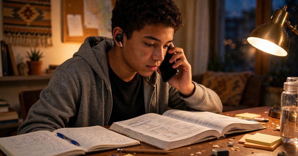 Latin American student listening to Spanish text to speech on a smartphone while studying at home