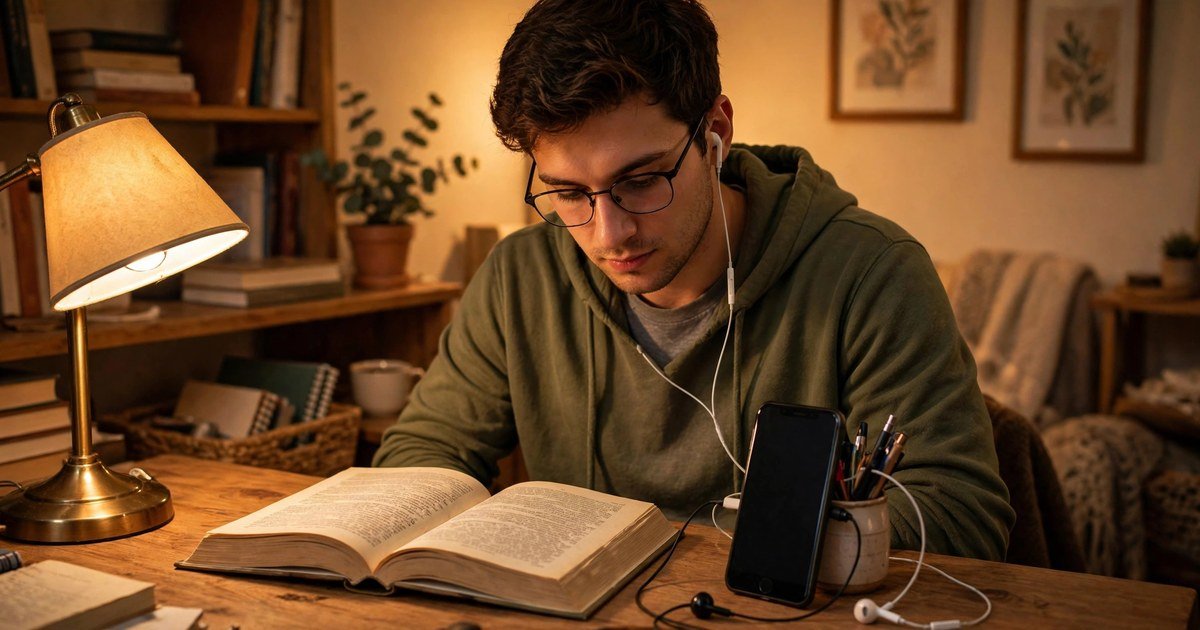 Student reading a book with Urdu text to speech playing on a smartphone