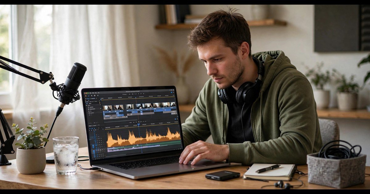 YouTuber editing a video on a laptop with an AI-generated voiceover playing on screen