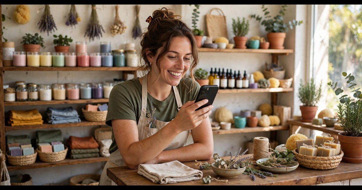 Small business owner creating a product ad voiceover on a smartphone at her shop counter