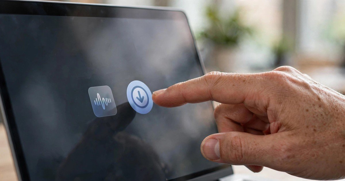 Hand clicking download button for audio file