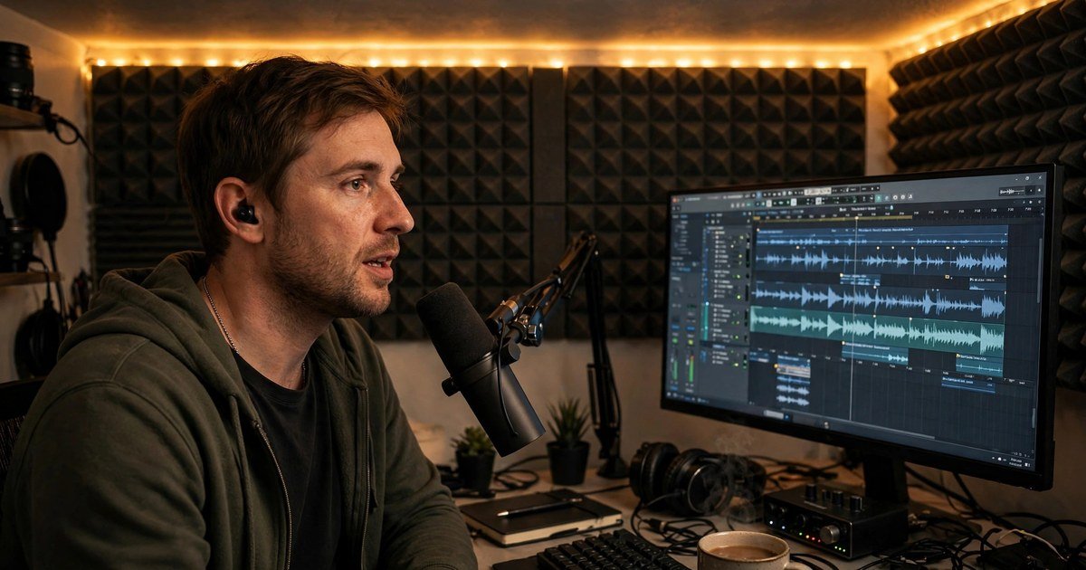 Content creator recording a Spanish voiceover with a microphone in a home studio