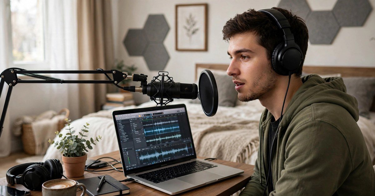 Content creator recording an Urdu voiceover with a microphone at home