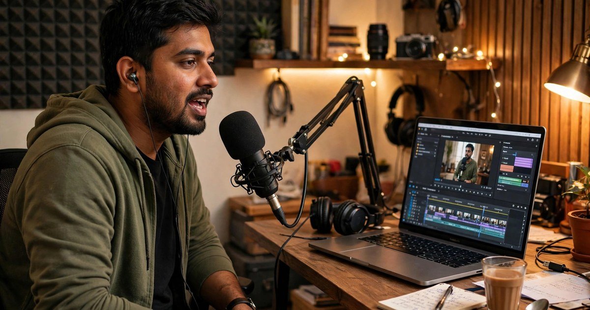 Indian YouTuber recording a Hindi voiceover with a microphone in a home studio