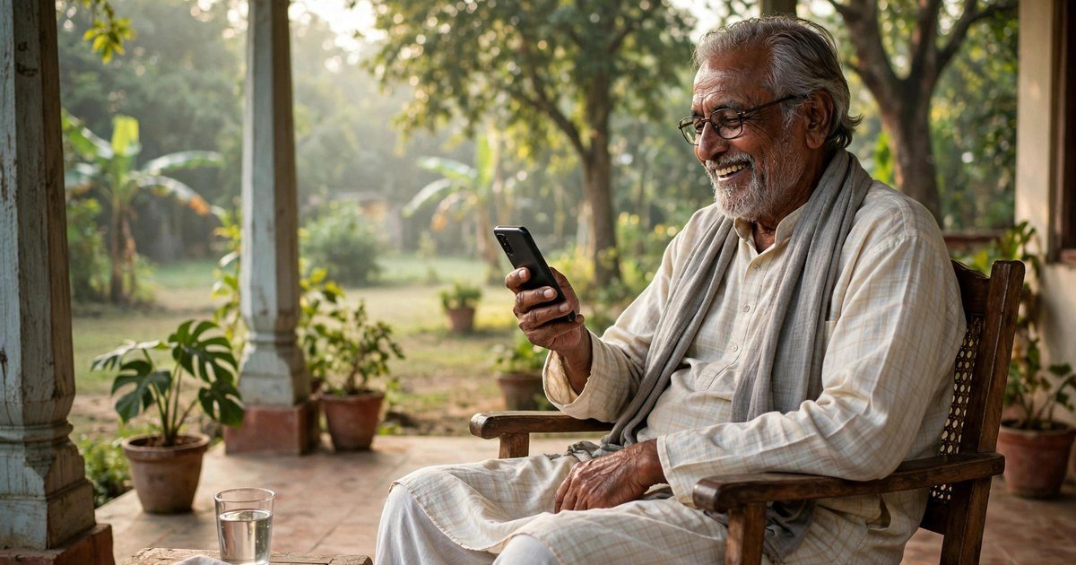 Elderly Indian man listening to Hindi news read aloud by text to speech on his smartphone