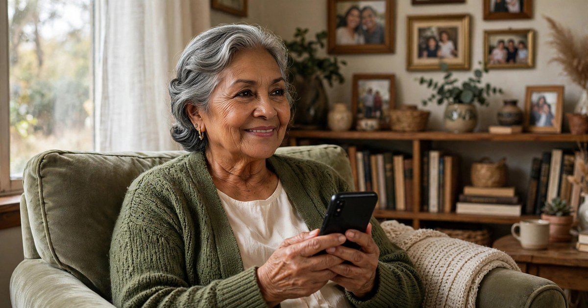 Elderly woman listening to Spanish news read aloud by text to speech on her smartphone