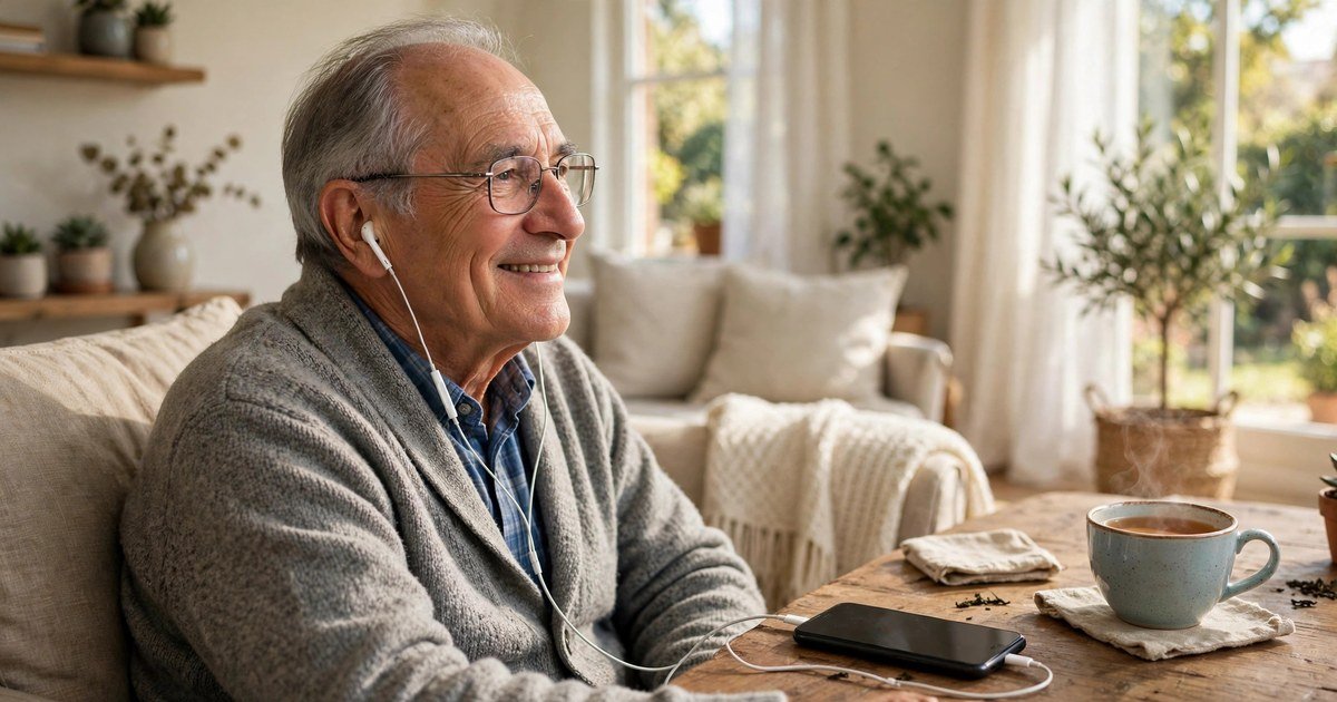 Elderly man listening to Urdu text to speech audio on his smartphone