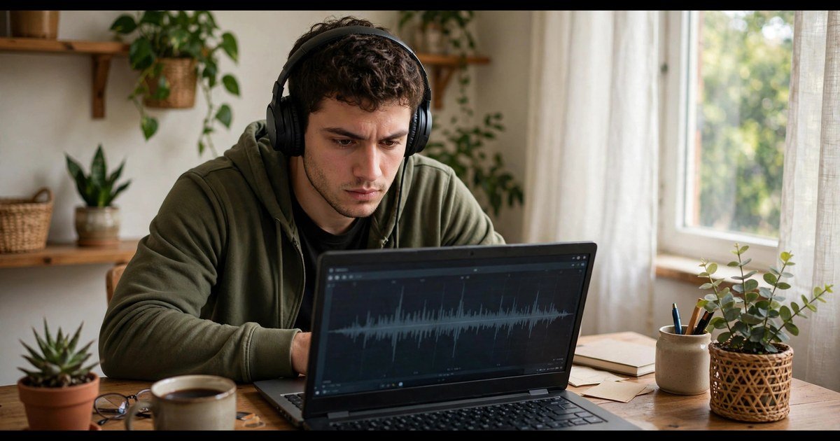 Young man wearing headphones listening to an AI-generated voiceover on a laptop to check the quality
