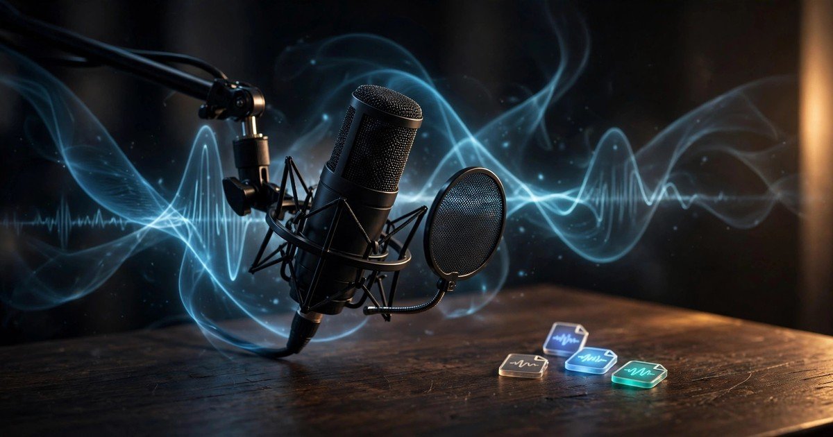 Studio microphone with sound waves becoming audio files