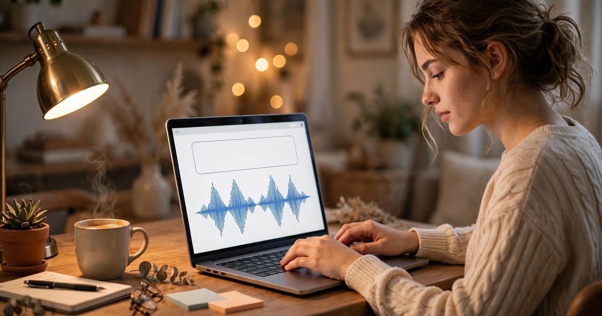 Woman at a home desk typing text on a laptop showing a simple text-to-speech tool with an audio waveform, no login screen visible