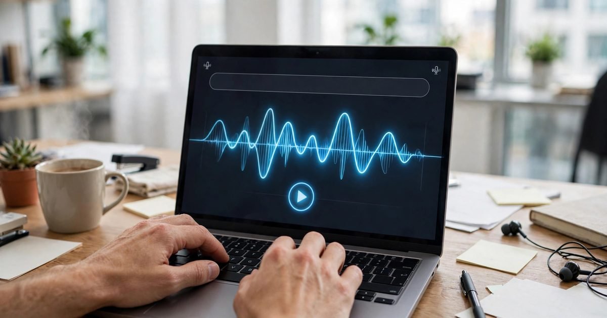 A person's hands typing on a laptop showing an instant AI voice generator tool with an audio waveform and play button