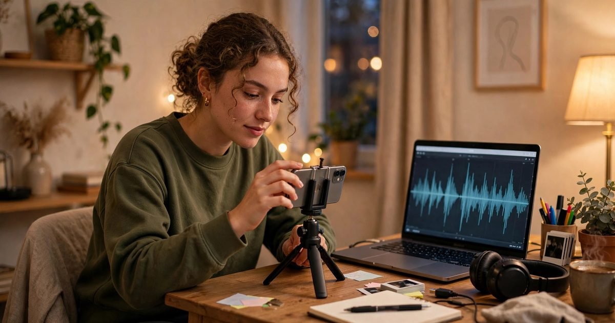 A young content creator preparing a video voiceover with a smartphone on a tripod and a laptop showing an audio waveform