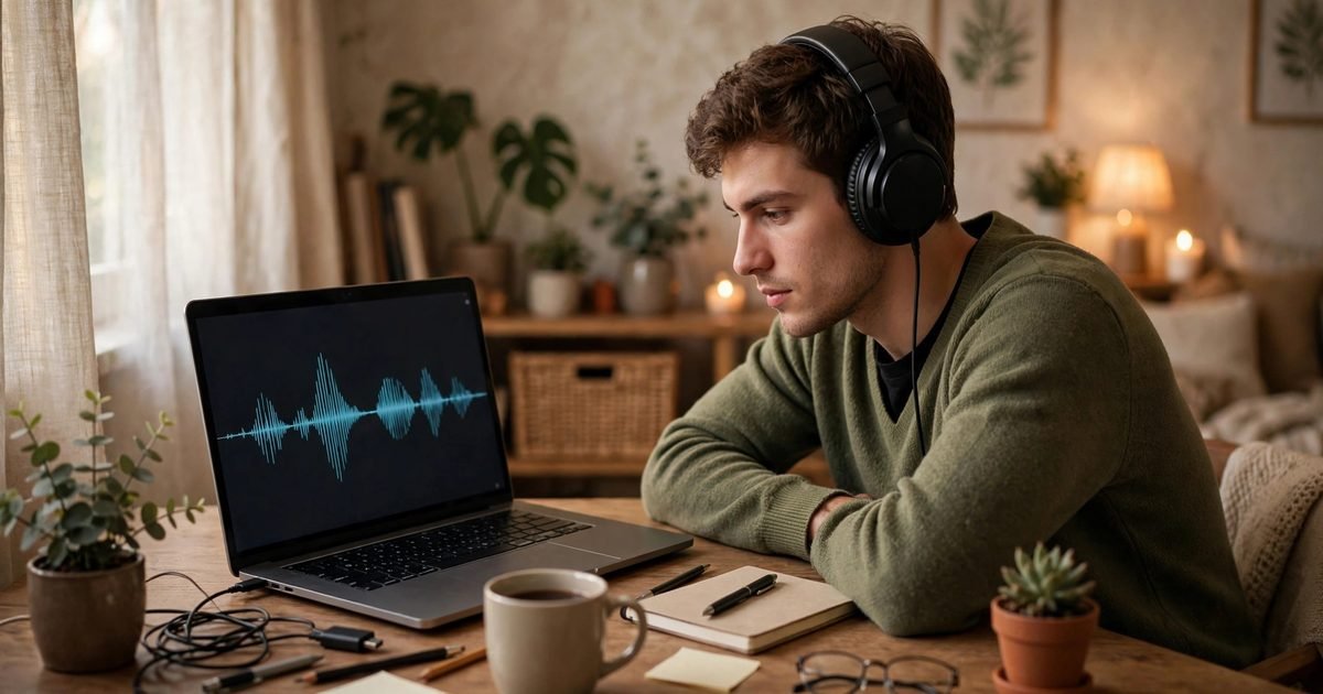 A young man wearing headphones checking the quality of a generated AI voice on a laptop